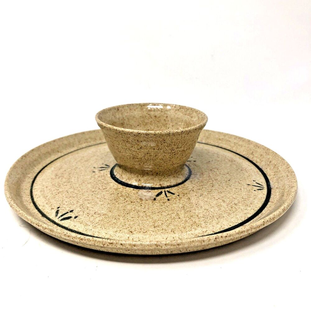 Studio Art Pottery Chip & Dip Rustic 9" Relish Vegetable Tray Bowl Artist Signed